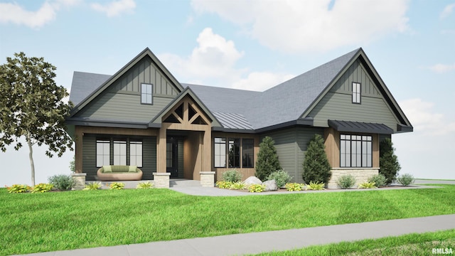 view of front of property with a standing seam roof, metal roof, a front lawn, and board and batten siding