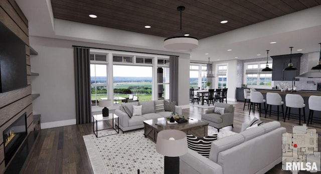 living room with dark wood finished floors, a raised ceiling, wooden ceiling, and a fireplace