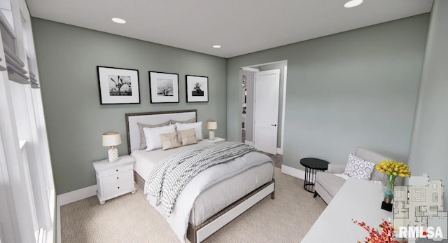 bedroom with baseboards, recessed lighting, and light colored carpet