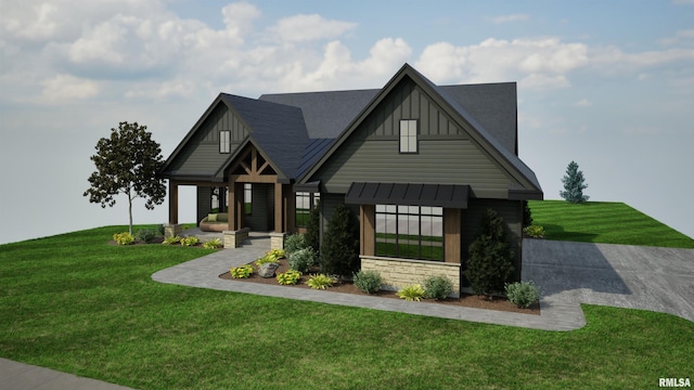 view of front of property with stone siding, board and batten siding, and a front yard