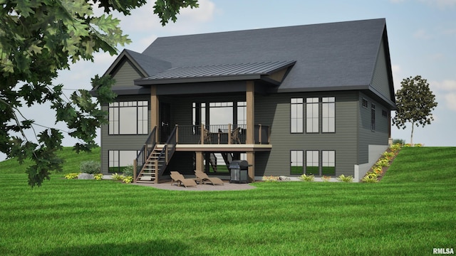 back of house with a standing seam roof, a lawn, and stairway