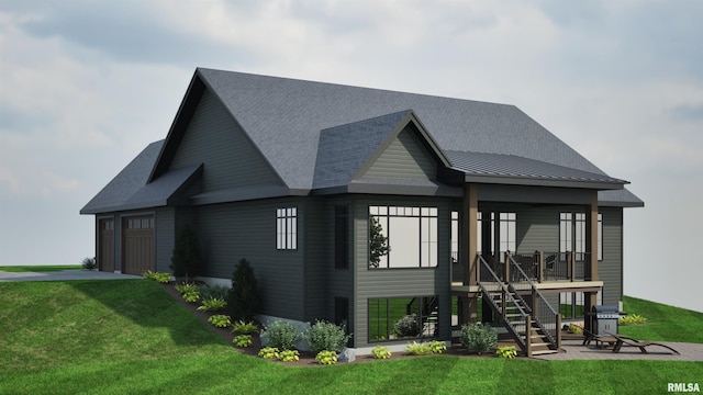 back of house featuring a standing seam roof, a lawn, stairway, and an attached garage