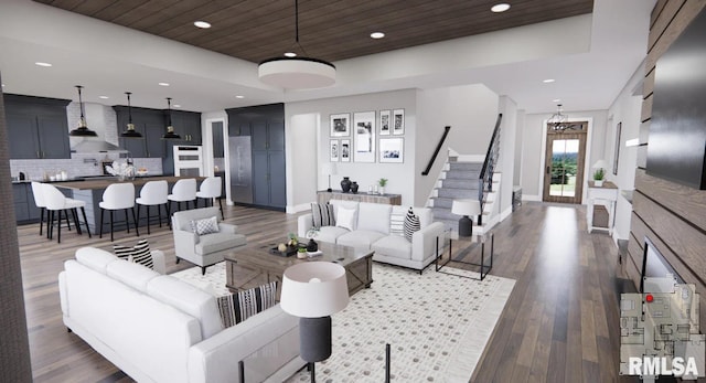 living area featuring a tray ceiling, recessed lighting, stairway, light wood-style floors, and wood ceiling