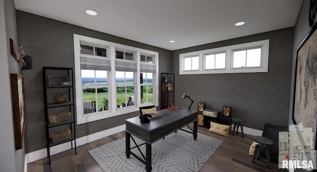 office area with recessed lighting, dark wood-style flooring, and baseboards