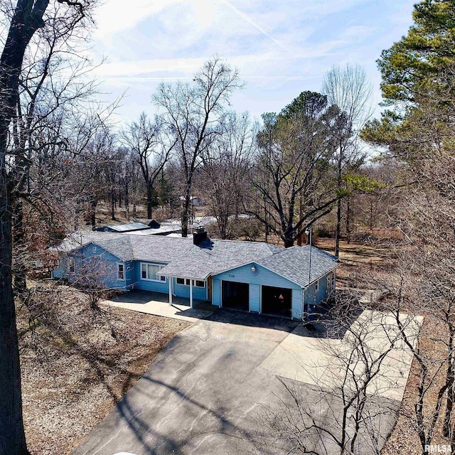 view of front of house with a garage, driveway, and a shingled roof