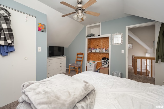 carpeted bedroom featuring lofted ceiling and ceiling fan