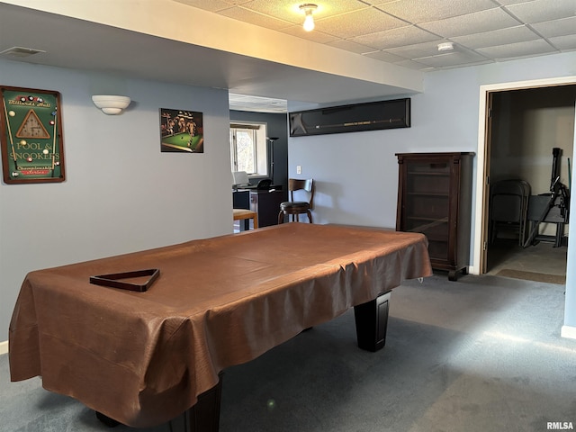 game room with carpet, pool table, visible vents, and a drop ceiling