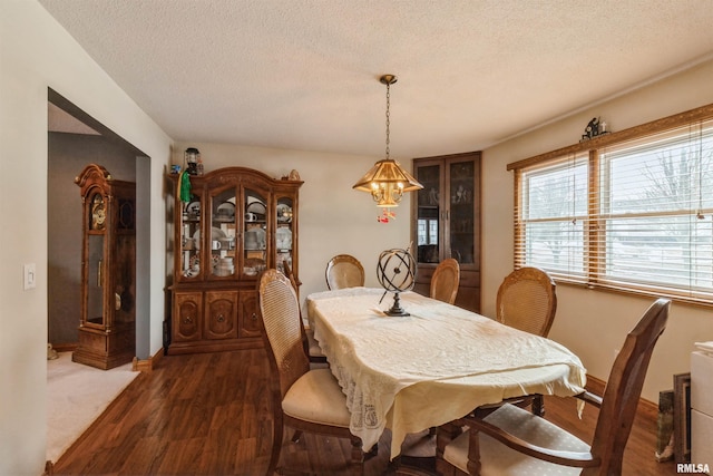 dining room with dark wood-style floors, a textured ceiling, and baseboards