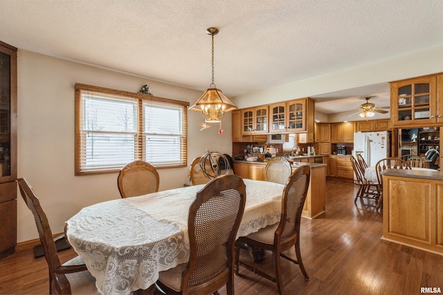 dining space featuring dark wood-style floors, a textured ceiling, baseboards, and ceiling fan with notable chandelier