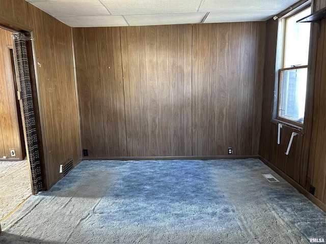 spare room with a wealth of natural light, visible vents, and wooden walls