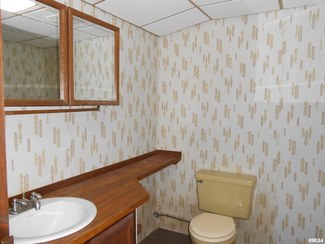 half bath with toilet, wallpapered walls, and vanity