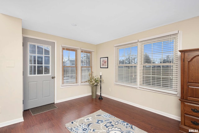 entryway featuring baseboards and dark wood finished floors