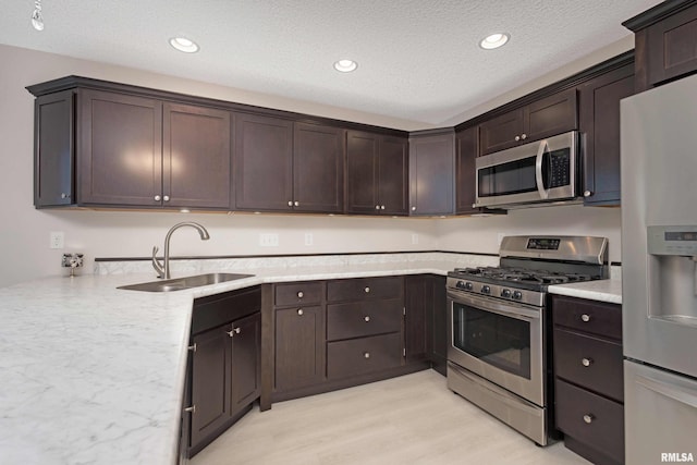 kitchen with dark brown cabinetry, recessed lighting, a sink, light wood-style floors, and appliances with stainless steel finishes