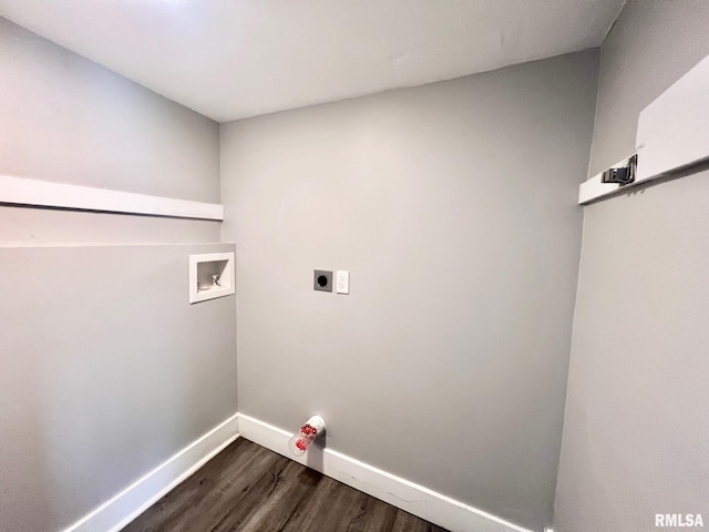 laundry room with washer hookup, dark wood-type flooring, electric dryer hookup, laundry area, and baseboards