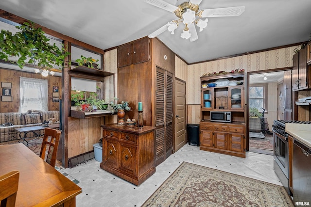 kitchen featuring wallpapered walls, light floors, appliances with stainless steel finishes, a ceiling fan, and open shelves