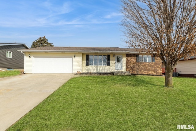 single story home with driveway, brick siding, an attached garage, and a front yard