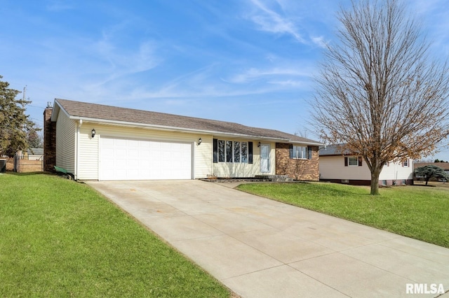 ranch-style home with a garage, brick siding, concrete driveway, and a front yard