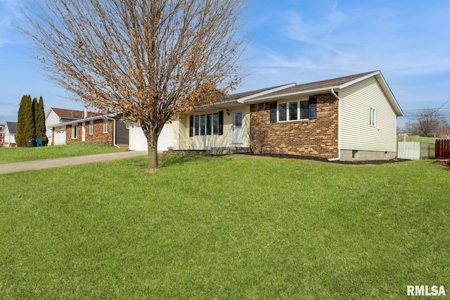 ranch-style home featuring a garage, concrete driveway, fence, a front lawn, and brick siding