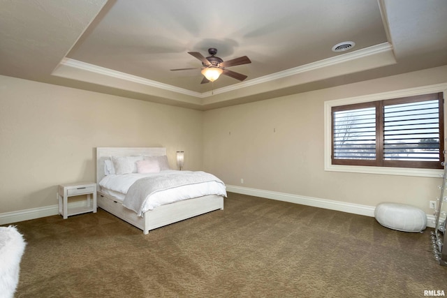 unfurnished bedroom with baseboards, visible vents, a raised ceiling, and carpet flooring