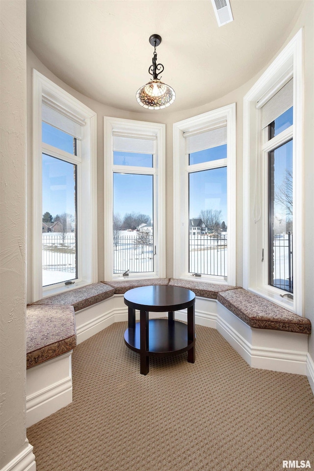 unfurnished room featuring a healthy amount of sunlight, carpet floors, baseboards, and visible vents