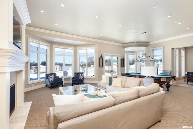 living room featuring light carpet, billiards, baseboards, and ornamental molding