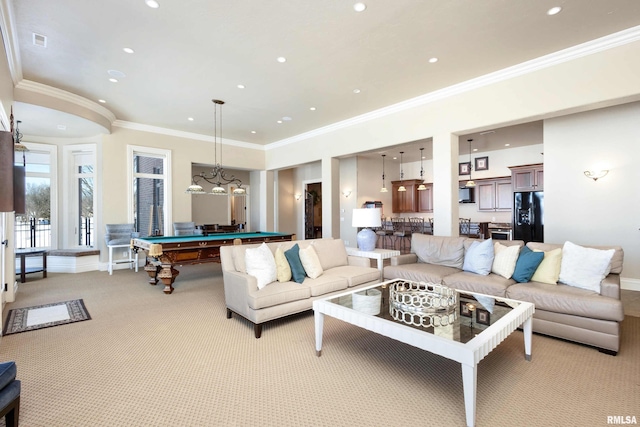 living room with light carpet, visible vents, pool table, crown molding, and recessed lighting