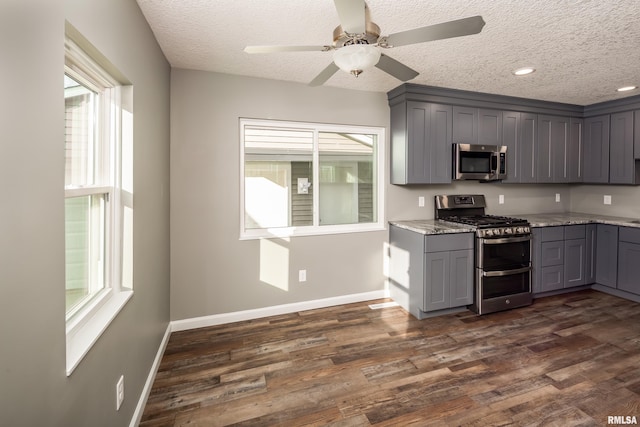 kitchen with dark wood-style floors, appliances with stainless steel finishes, baseboards, and gray cabinetry