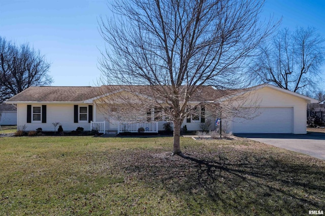 single story home with a porch, a garage, driveway, roof with shingles, and a front lawn