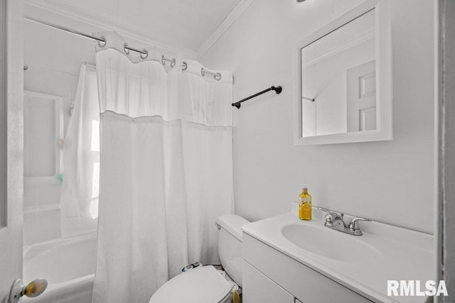 bathroom featuring toilet, shower / bathtub combination with curtain, ornamental molding, and vanity