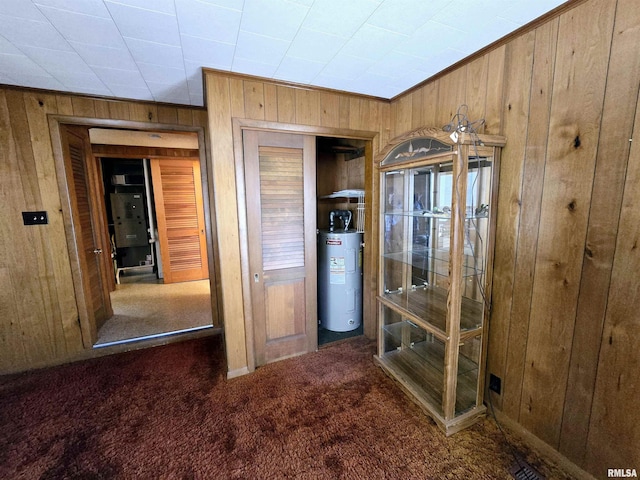 interior space featuring wood walls, carpet flooring, and electric water heater