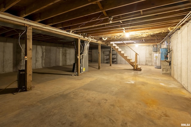 1595 Casper Church Rd, Cobden, IL 62920 - unfinished basement with gas water heater, stairway, and electric panel