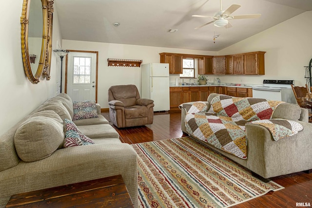 living area with plenty of natural light, vaulted ceiling, and dark wood-type flooring