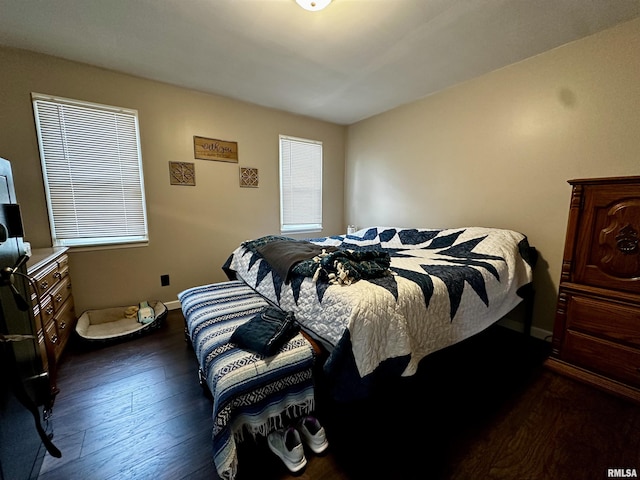 bedroom featuring multiple windows, dark wood finished floors, and baseboards