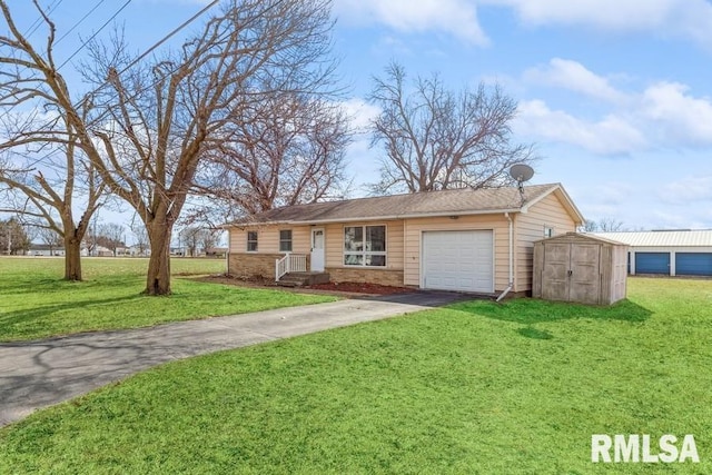 ranch-style house featuring a front yard, brick siding, driveway, and a storage unit