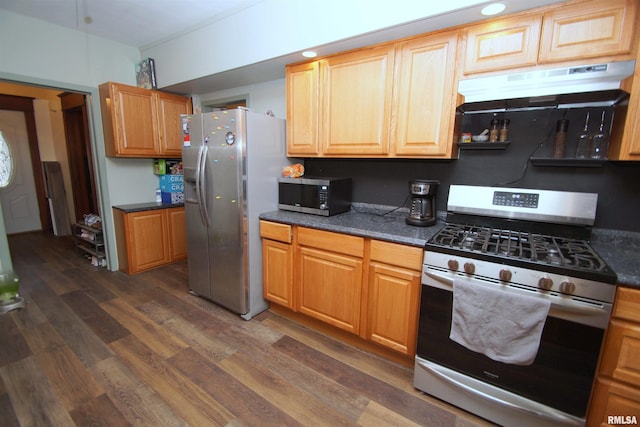 kitchen featuring appliances with stainless steel finishes, dark wood-style flooring, and under cabinet range hood