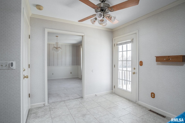 doorway with wallpapered walls, light tile patterned floors, baseboards, visible vents, and crown molding