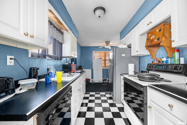 kitchen with dark floors, electric range, white cabinets, dishwasher, and dark countertops