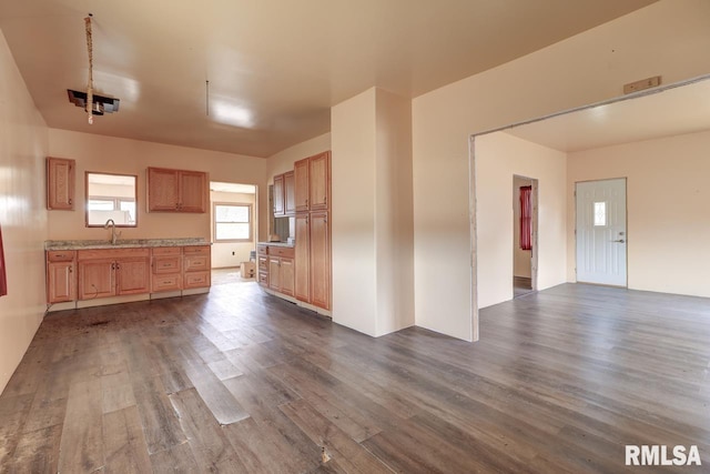 interior space featuring dark wood-style floors, light countertops, and a sink