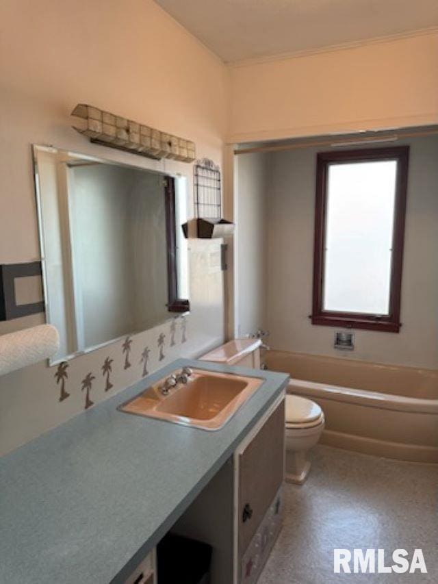 bathroom with toilet, a tub, and vanity