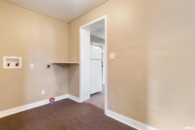 laundry area with laundry area, baseboards, hookup for a washing machine, dark colored carpet, and hookup for an electric dryer