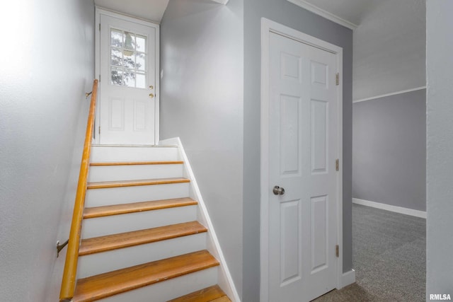 stairway featuring carpet flooring and baseboards