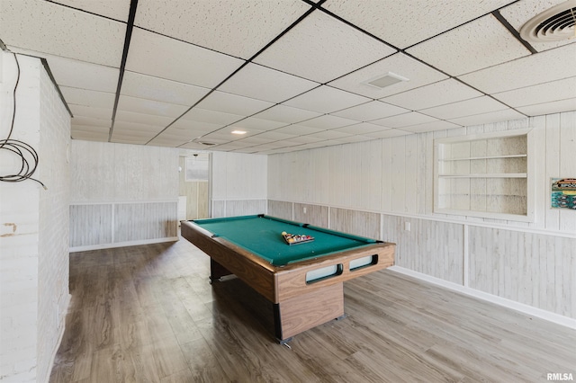 game room featuring a paneled ceiling, pool table, visible vents, and wood finished floors