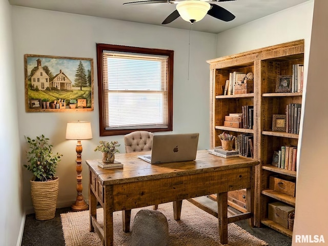 home office with ceiling fan and carpet flooring