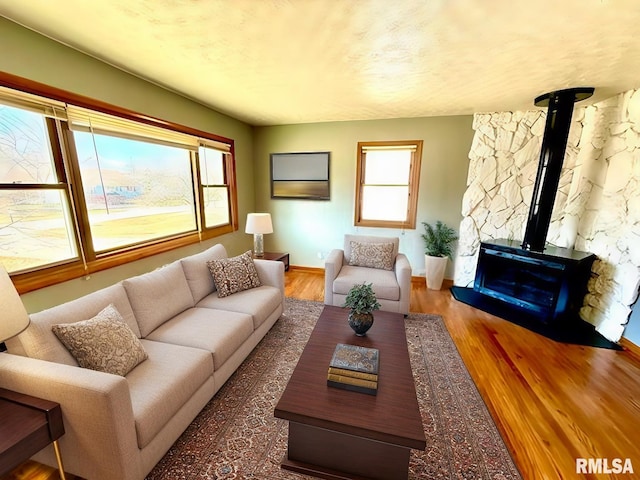 living area with baseboards, wood finished floors, and a healthy amount of sunlight