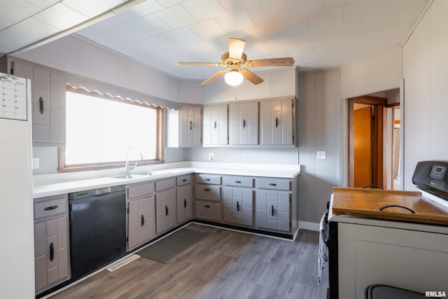 kitchen with gray cabinetry, stove, a sink, wood finished floors, and dishwasher