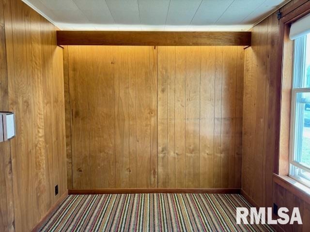 carpeted spare room featuring baseboards and wooden walls