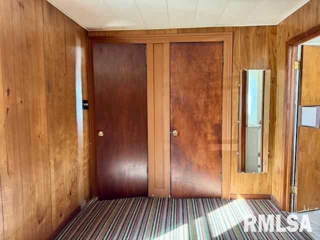 interior space with carpet floors and wood walls