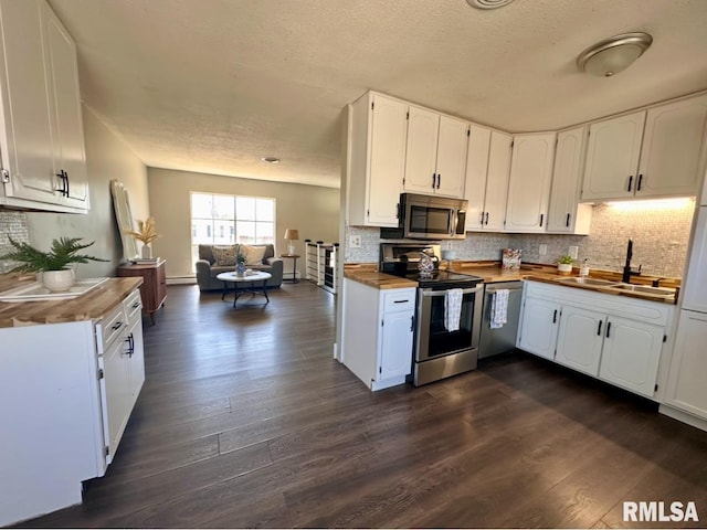 506 Timothy Ln, Carterville, IL 62918 - kitchen with appliances with stainless steel finishes, a sink, wooden counters, dark wood finished floors, and a textured ceiling