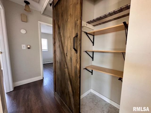 506 Timothy Ln, Carterville, IL 62918 - hallway featuring baseboards, a barn door, wood finished floors, and a baseboard radiator