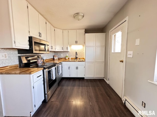 506 Timothy Ln, Carterville, IL 62918 - kitchen with stainless steel appliances, a baseboard heating unit, a sink, dark wood-type flooring, and butcher block counters